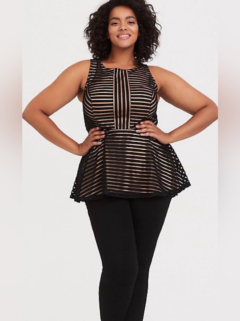Torrid Black & Nude Striped Peplum Sleeveless Tank Size 2
